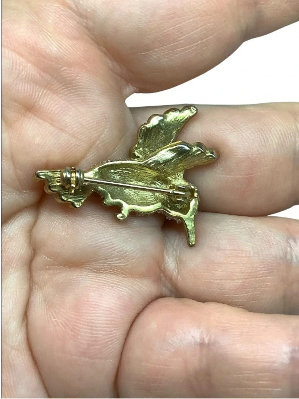 Gold tone Cubic Zirconia Hummingbird Brooch with Emerald Eye